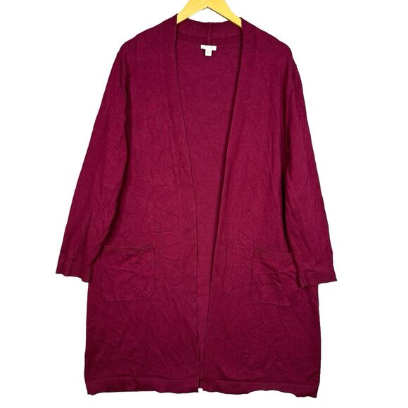 J. Jill Open Front Cardigan Sweater Longline Maroon L Cotton Blend Pockets - Picture 1 of 8
